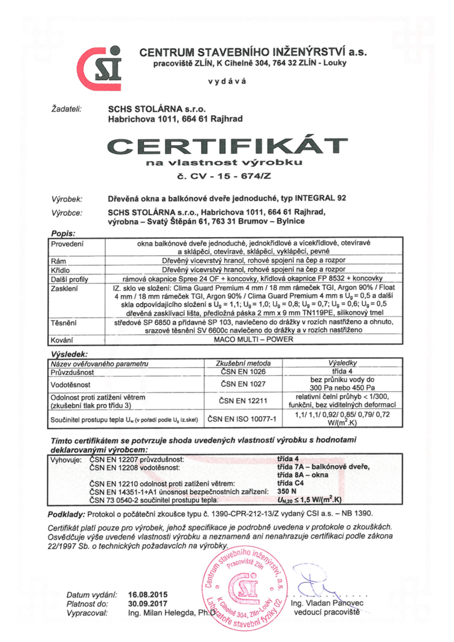 Certifikát SCHS 92 Integral