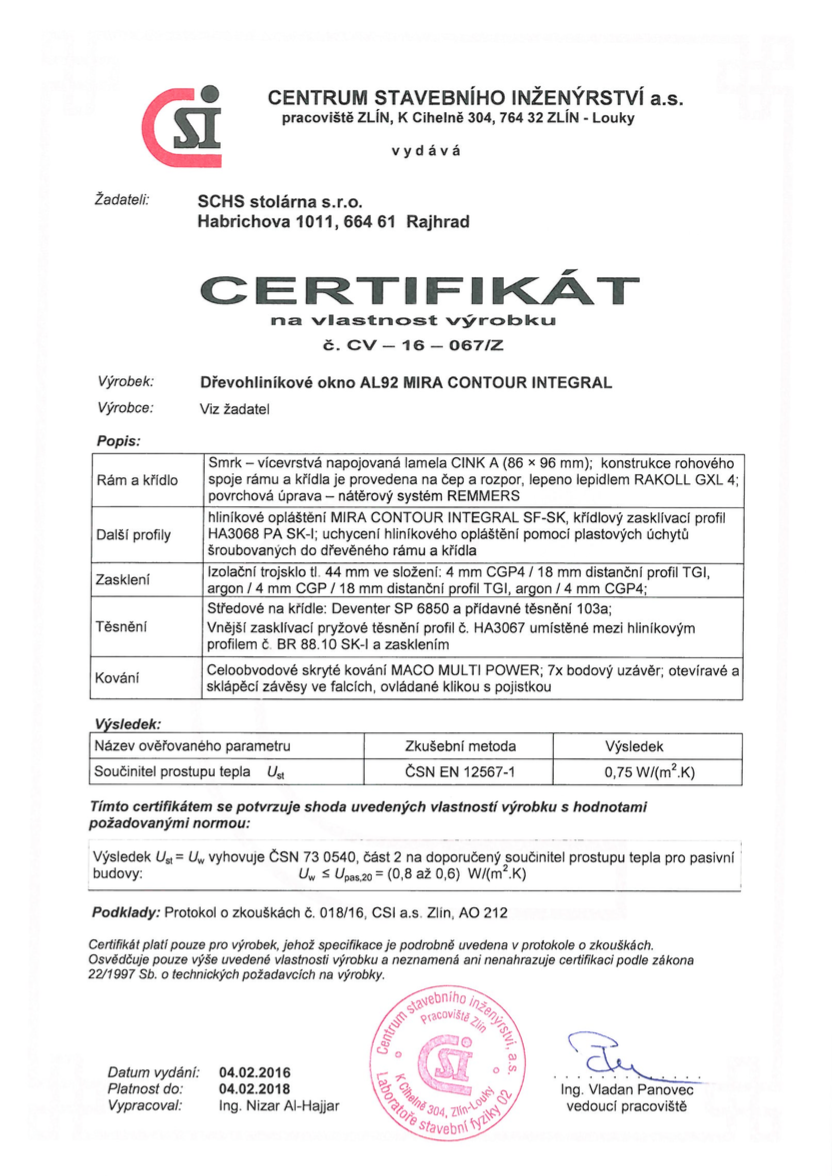 Certifikát SCHS 92 Aluintegral