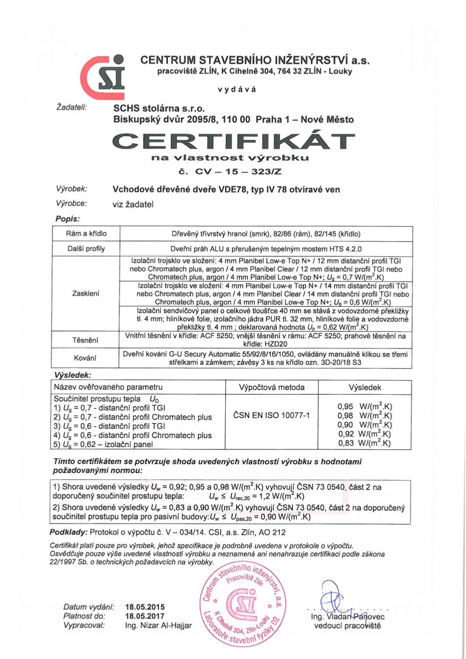 Certifikát vstupní dveře IV78