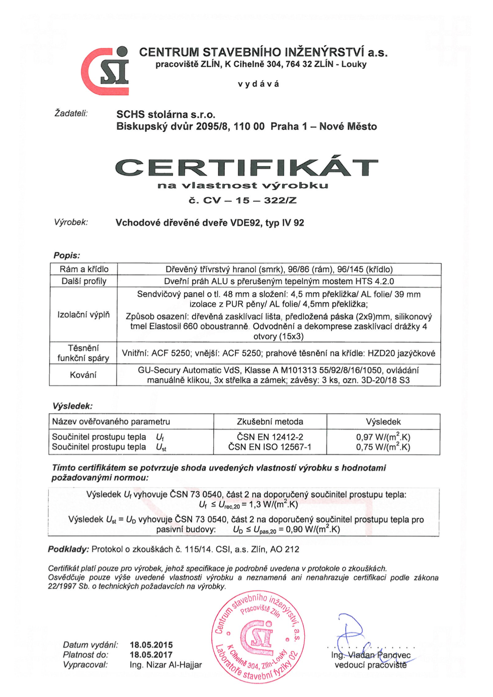 Certifikát vstupní dveře IV92
